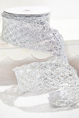 2.5 Inchi x 10 Yard Silver Wired Ribbon Glitter Christmas Holiday Decor