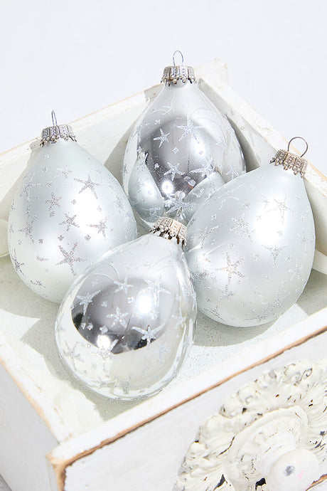 4ct Glass Drop Bright Silver & Silver Pearl with Silver Stars