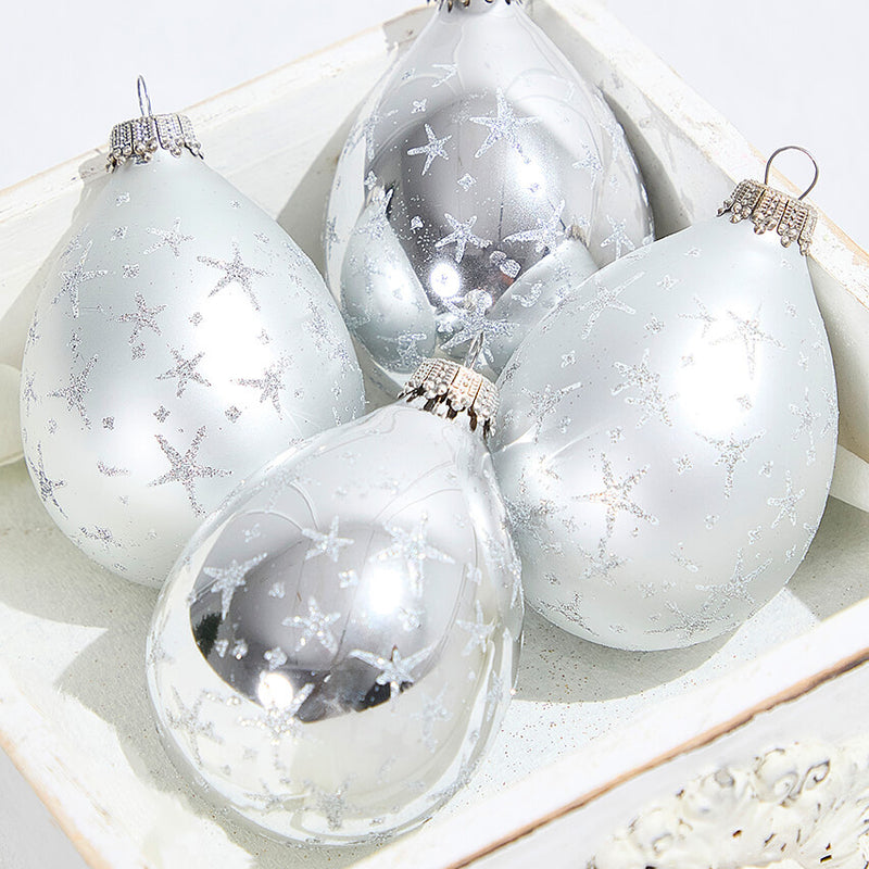 4 Count Glass Drop Bright Silver and Silver Pearl with Silver Stars Christmas Ornament Set