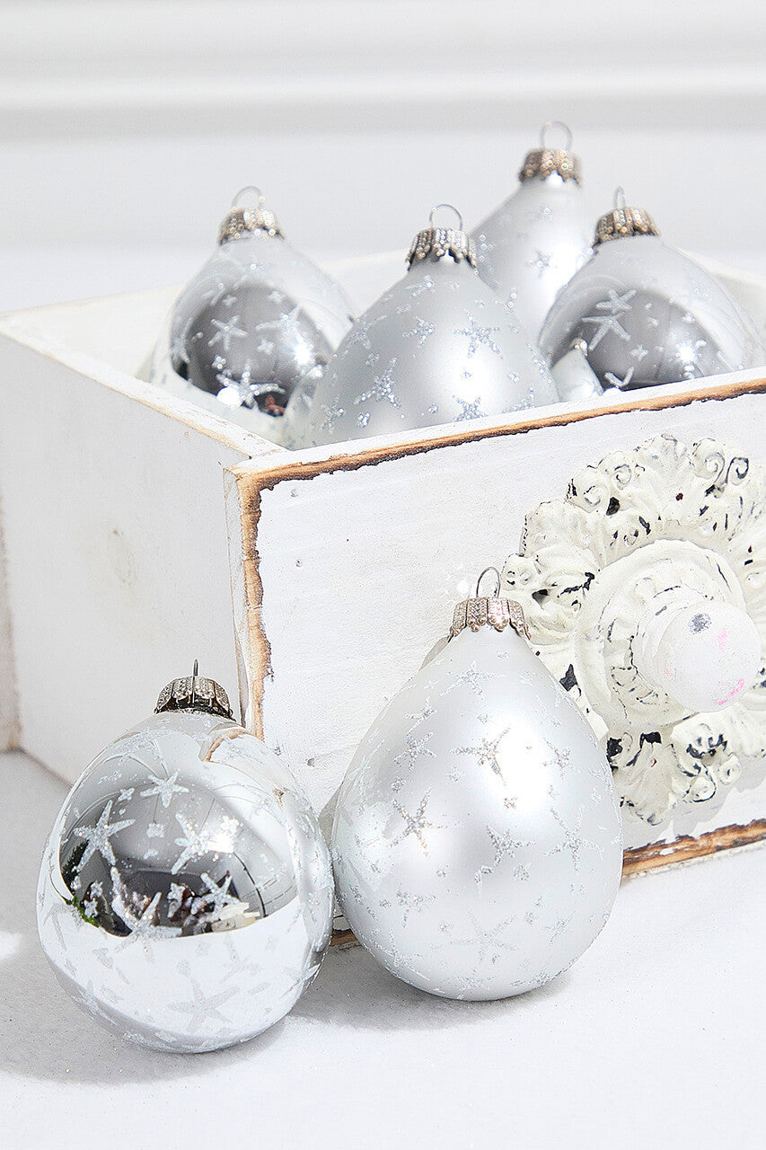 6ct Drop Bright Silver & Silver Stars Ornament Set