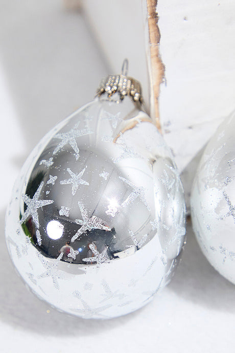 6ct Drop Bright Silver & Silver Stars Ornament Set