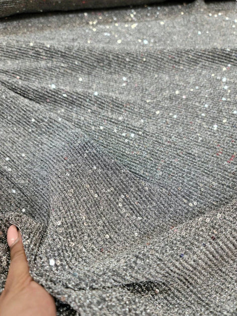 Gray Stretch Pleated Sequin Fabric