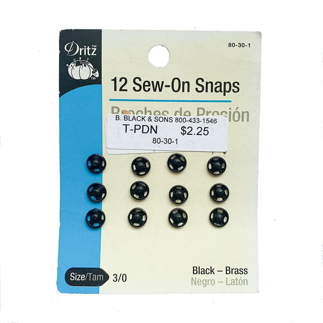 Sew-On Snaps Metal Fabric - Black, Nickel, 1/4"