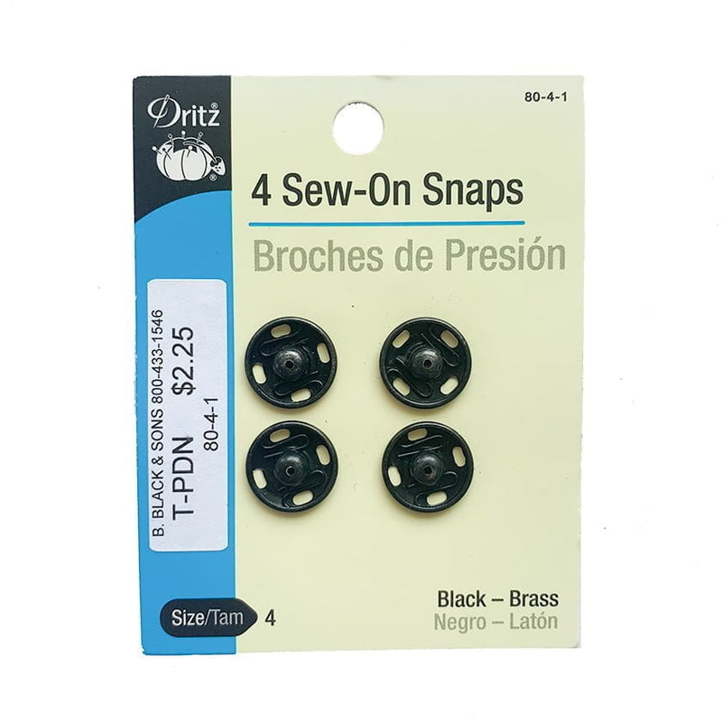 Sew-On Snaps Size 4 Metal Fabric - Black, 5/8"