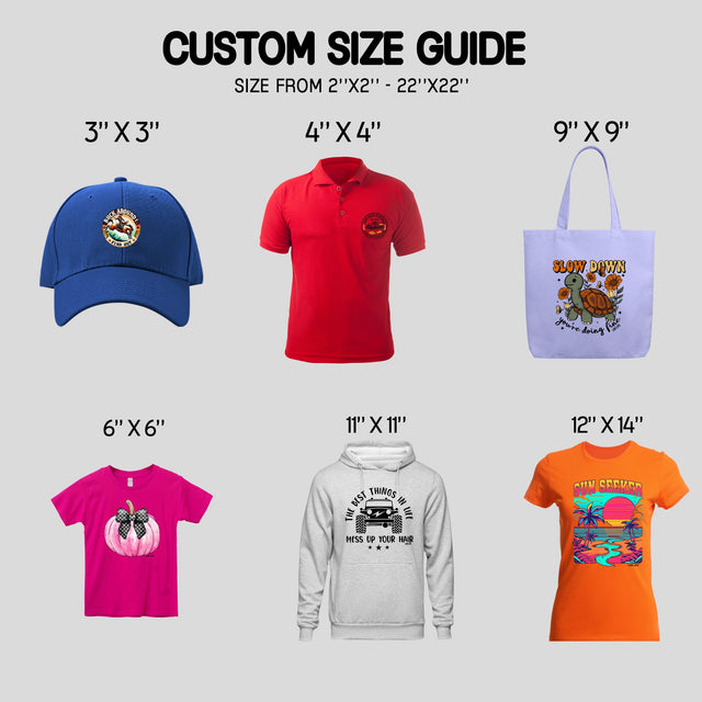 Direct To Film DTF Order Transfers By Size - Custom DTF Transfer Printing, Sizing Options, Vibrant Full Color (1 Transfer)