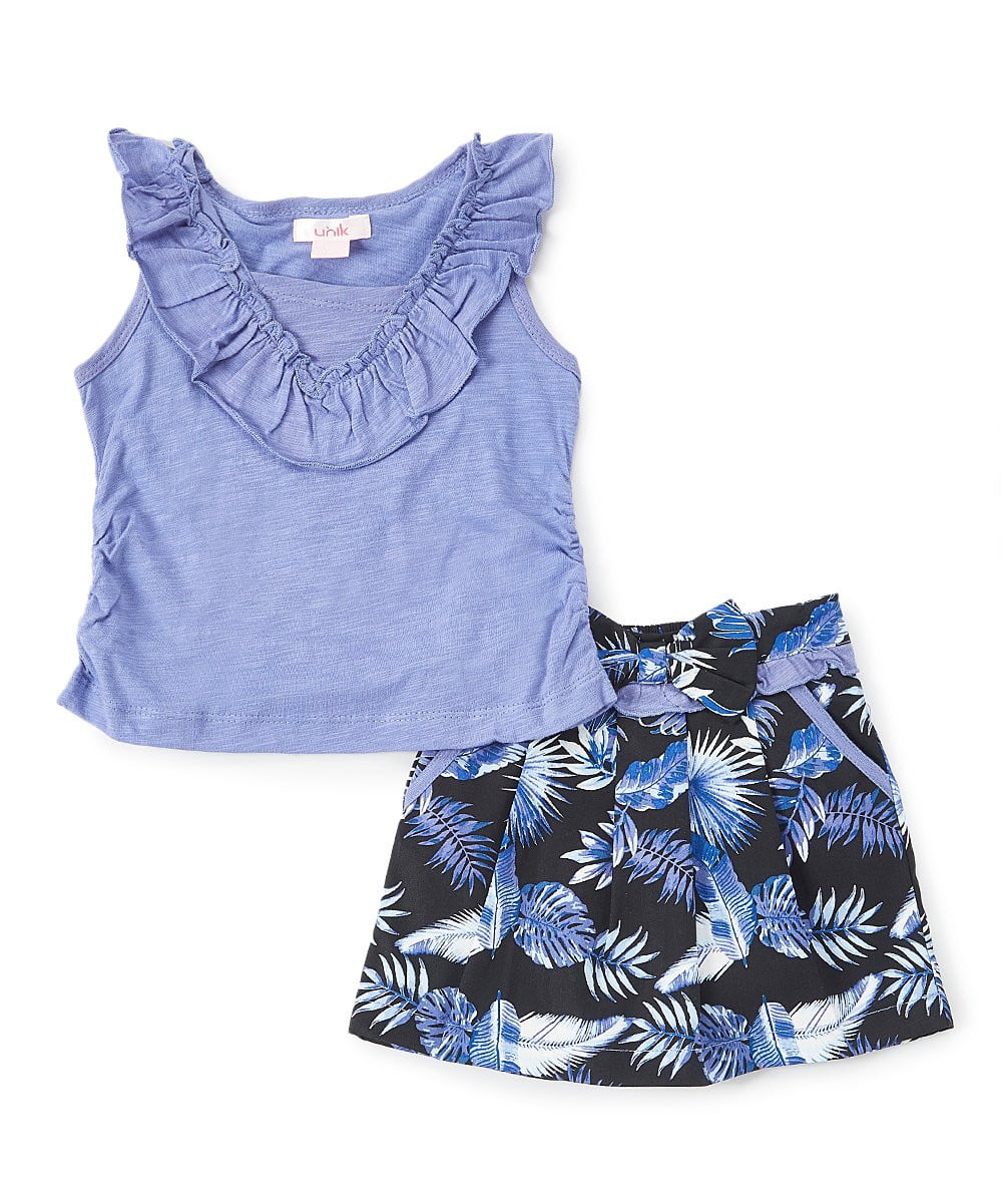 Flower Pattern Skirt Set - Girls Ruffle V-Neck Skirt Set, Coral, Fuchsia, Periwinkle (1 Set)