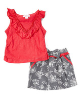 Flower Pattern Skirt Set - Girls Ruffle V-Neck Skirt Set, Coral, Fuchsia, Periwinkle (1 Set)