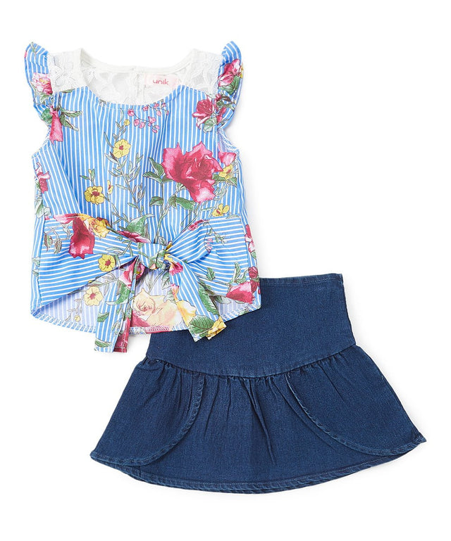 Girl Denim Skirt Set Denim Fabric - Floral Lace, Blue, Pink, Red, Sizes 2-8 (1 Set)