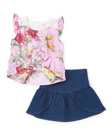 Girl Denim Skirt Set Denim Fabric - Floral Lace, Blue, Pink, Red, Sizes 2-8 (1 Set)