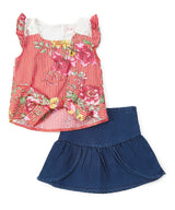 Girl Denim Skirt Set Denim Fabric - Floral Lace, Blue, Pink, Red, Sizes 2-8 (1 Set)