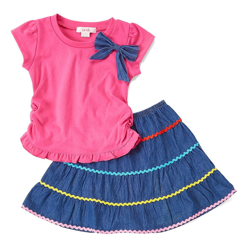 Colorful Girl Skirt Set Girls Skirts Fabric - Pink, Teal, Red, Ruffle Denim, Sizes 2-8 (1 Set)