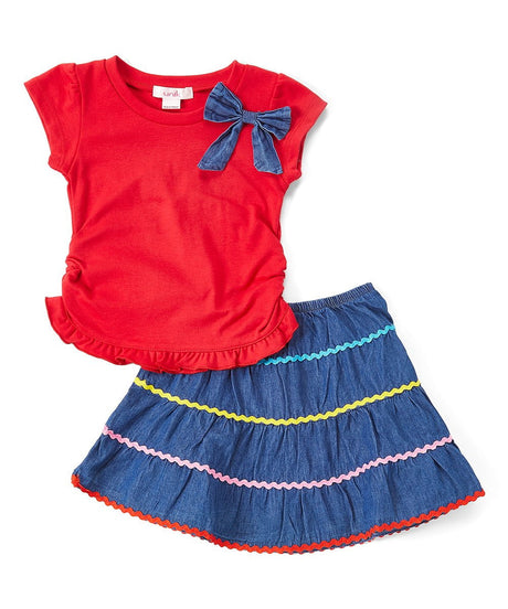 Colorful Girl Skirt Set Girls Skirts Fabric - Pink, Teal, Red, Ruffle Denim, Sizes 2-8 (1 Set)