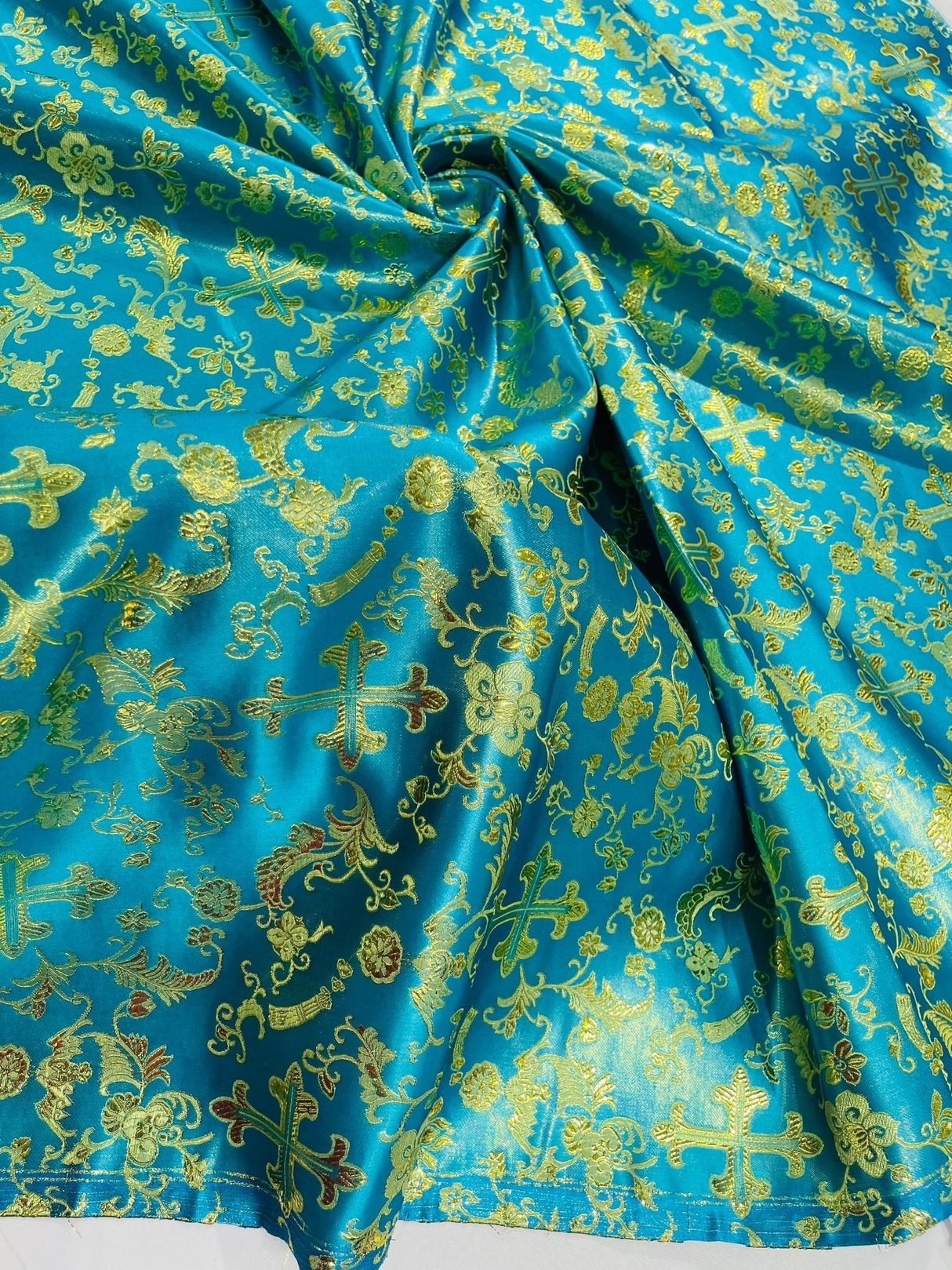 Small Cross Metallic Jacquard Satin Fabric - Beige/Gold, Green/Gold, Red/Gold, Turquoise/Gold, Gold/Gold, 58" Width (1 Yard)