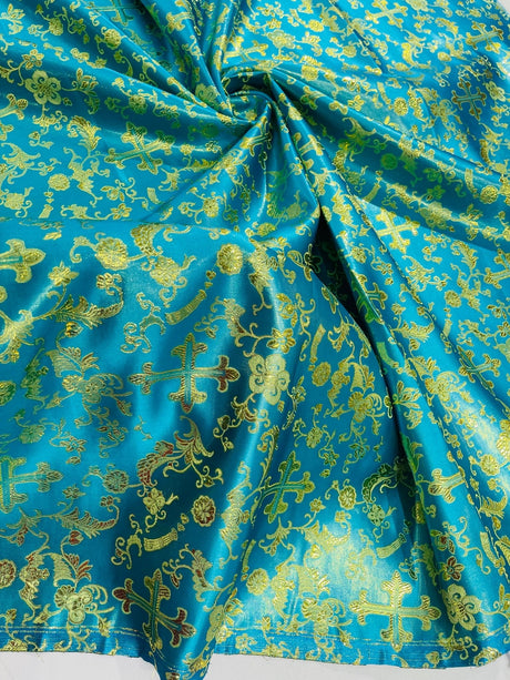 Small Cross Metallic Jacquard Satin Fabric - Beige/Gold, Green/Gold, Red/Gold, Turquoise/Gold, Gold/Gold, 58" Width (1 Yard)