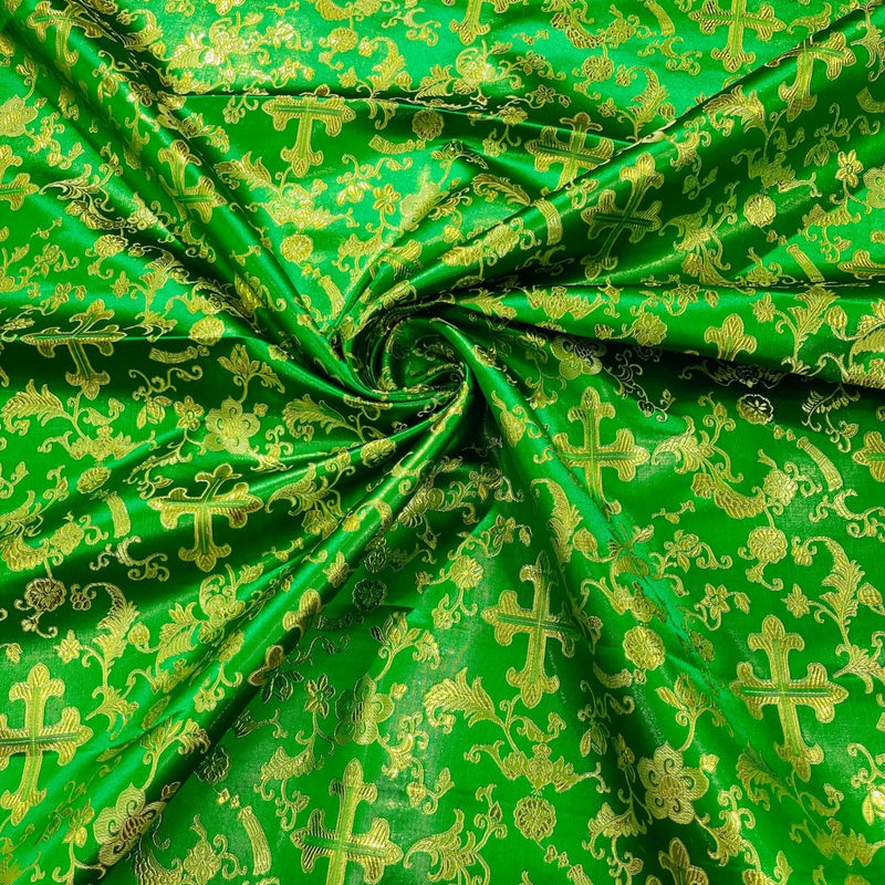 Small Cross Metallic Jacquard Satin Fabric - Beige/Gold, Green/Gold, Red/Gold, Turquoise/Gold, Gold/Gold, 58" Width (1 Yard)