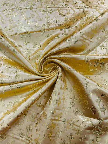 Small Cross Metallic Jacquard Satin Fabric - Beige/Gold, Green/Gold, Red/Gold, Turquoise/Gold, Gold/Gold, 58" Width (1 Yard)