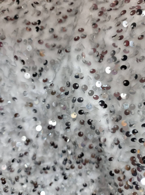 Sequin Embroidered Stretch Velvet Fabric White