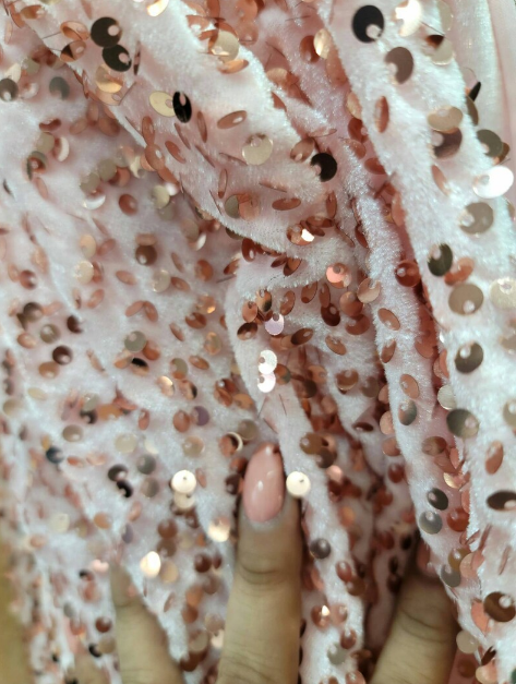 Sequin Stretch Velvet Fabric Rose Gold Pink