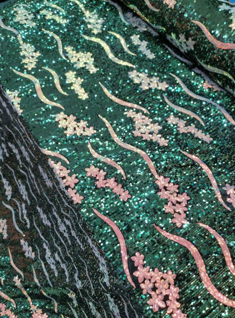 Sequin Embroidered Stretch Velvet Fabric Emerald Green