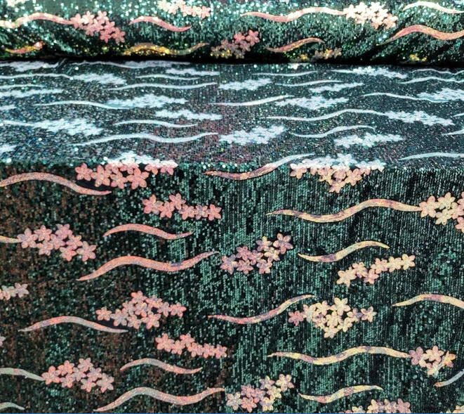 Sequin Embroidered Stretch Velvet Fabric Emerald Green