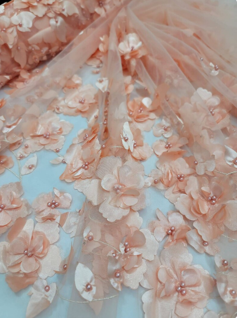3D Floral Lace Peach Flowers Pearls Mesh