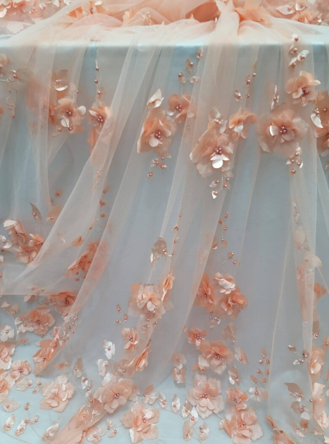3D Floral Lace Peach Flowers Pearls Mesh