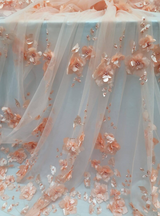 3D Floral Lace Peach Flowers Pearls Mesh