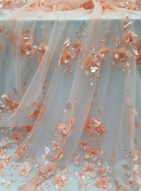 3D Floral Lace Peach Flowers Pearls Mesh