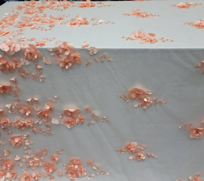 3D Floral Lace Peach Flowers Pearls Mesh