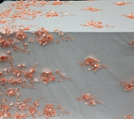 3D Floral Lace Peach Flowers Pearls Mesh