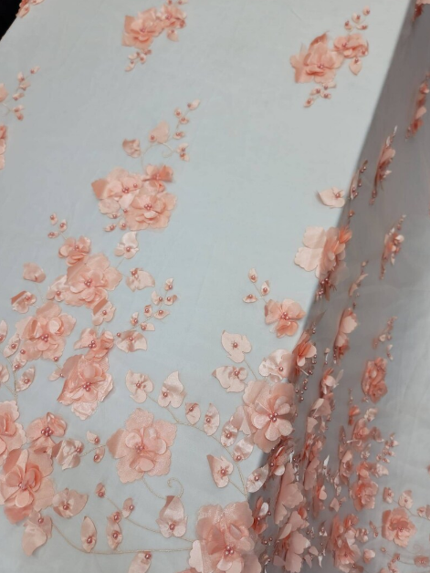 3D Floral Lace Peach Flowers Pearls Mesh