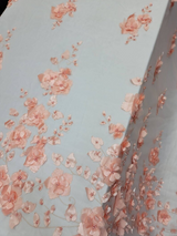 3D Floral Lace Peach Flowers Pearls Mesh
