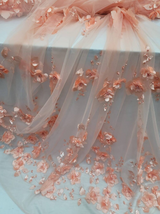 3D Floral Lace Peach Flowers Pearls Mesh