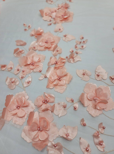 3D Floral Lace Peach Flowers Pearls Mesh
