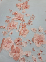 3D Floral Lace Peach Flowers Pearls Mesh