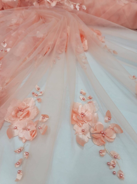 3D Floral Lace Peach Flowers Pearls Mesh
