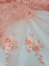 3D Floral Lace Peach Flowers Pearls Mesh