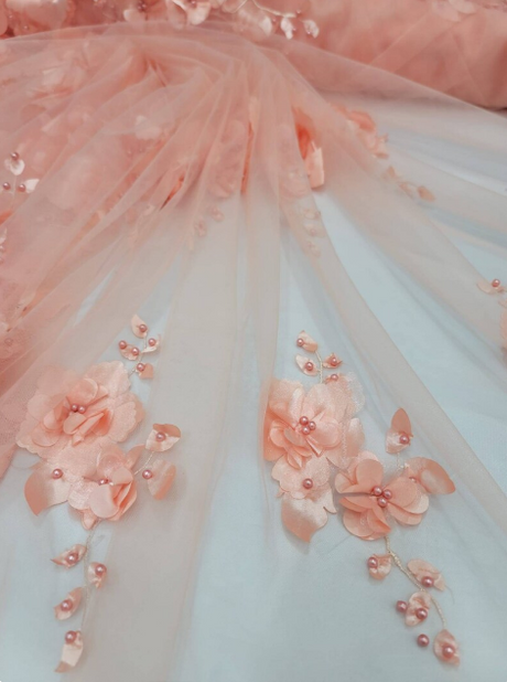 3D Floral Lace Peach Flowers Pearls Mesh