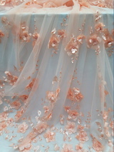 3D Floral Lace Peach Flowers Pearls Mesh
