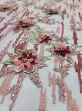 3D Floral Beaded Lace Coral Burgundy