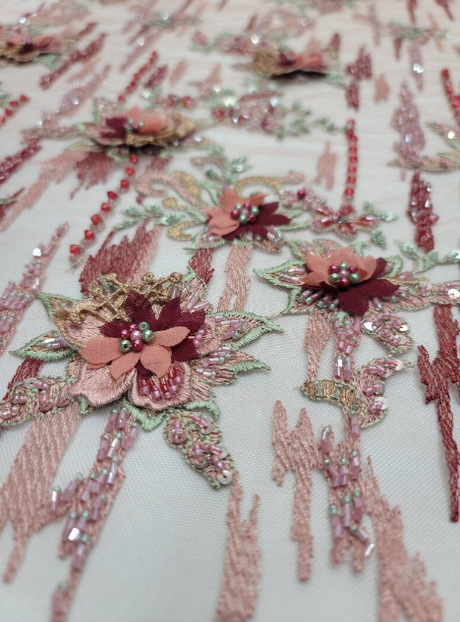 3D Floral Beaded Lace Coral Burgundy