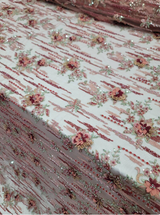 3D Floral Beaded Lace Coral Burgundy