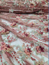 3D Floral Beaded Lace Coral Burgundy
