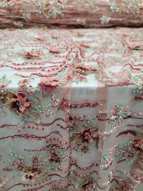 3D Floral Beaded Lace Coral Burgundy