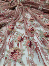 3D Floral Beaded Lace Coral Burgundy
