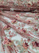 3D Floral Beaded Lace Coral Burgundy