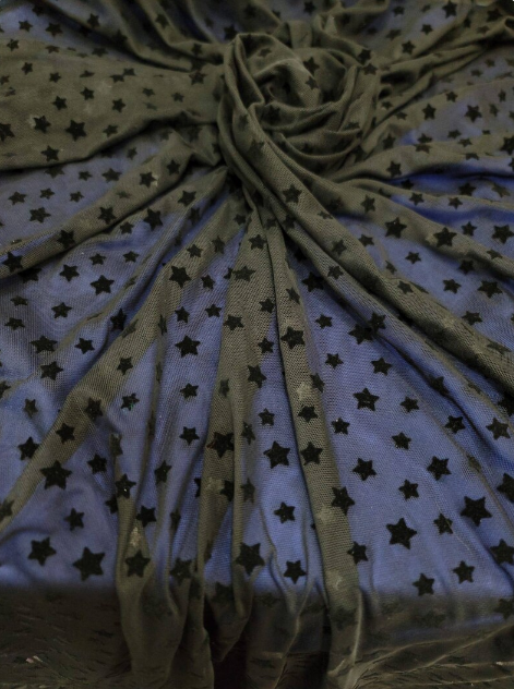 Stretch Lace Black Velvet Stars Fabric