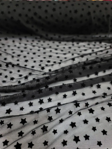 Stretch Lace Black Velvet Stars Fabric