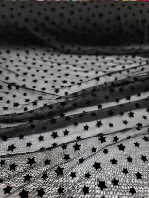 Stretch Lace Black Velvet Stars Fabric