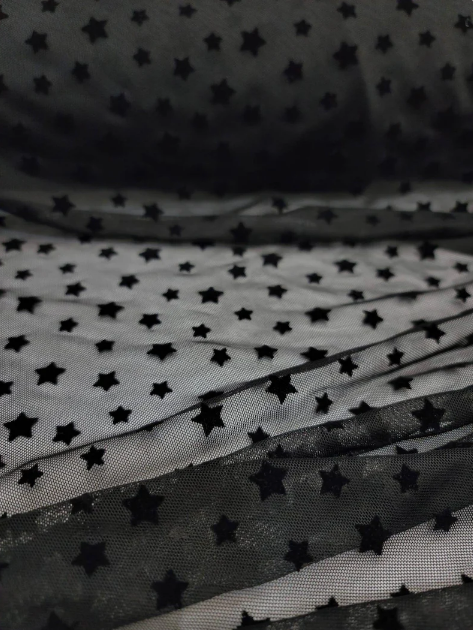 Stretch Lace Black Velvet Stars Fabric